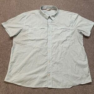 Simms Fishing Shirt Mens 2XL Blue White Grid Check Short Sleeve Nylon Spandex